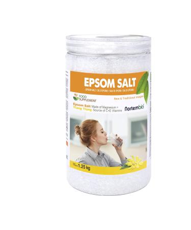 Nortembio Epsom Salt 1.25 Kg for Drinking. Food Grade. Magnesium Sulfate. Organic Ylang Ylang Extract. Source of Vitamin C and E. Internal Use. Edible. Detox. Health and Well-Being. Ylang-Ylang Extract + Vitamin C and E