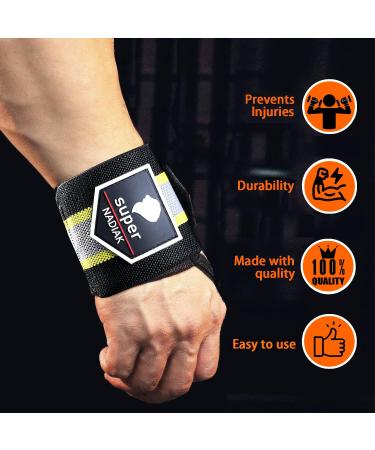 Super NADIAK Wristbands - Professional Wrist Support Cuffs for Weightlifting, Bodybuilding, and Fitness - Black/Yellow/Grey - Buy Online on GoSupps.com