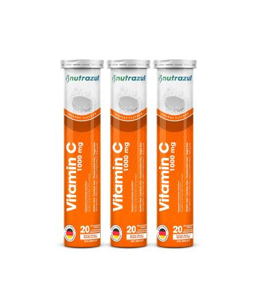 nutrazul Vitamin C 1000mg Effervescent Tablets VIT C Supplement to Help Maintain Immune Function Gluten-Free Lactose-Free Sugar-Free Preservative-Free Orange Flavor 20 Count Pack of 3
