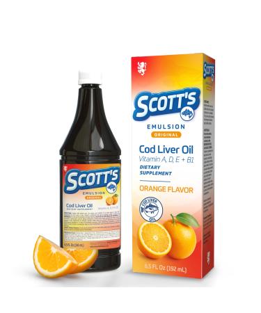 SCOTT'S EMULSION Cod Liver Oil Liquid for Kids Orange Flavor Supports Growth Immunity & Bone Health Rich in Omega 3 & Vitamins A+D Easy-to-Take Fish Oil 6.5 Fl Oz