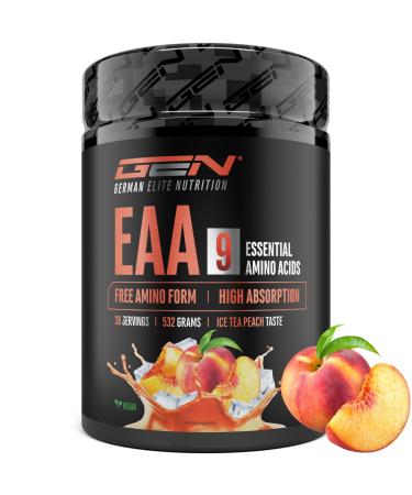 GEN GERMAN ELITE NUTRITION EAA Powder 532g (38 servings) - All 9 essential amino acids including histidine & BCAAs - Human Code formula - Vegan - Very good solubility - Refreshing amino acid drink (Peach Iced Tea)