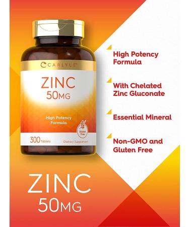 Carlyle Zinc 50mg 300 Tablets - Vegetarian, Non-GMO, Gluten Free Zinc Gluconate Supplement - High Potency Formula - Buy Online on GoSupps.com