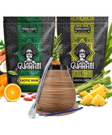 Guarani set de yerba mate | Paquet de deux yerba mate | Guarani Menta Limon et Exotic Rain | Calebasse bombilla et accessoires | Caf ine naturelle | Yerba mate du Paraguay | 2x500g | 1kg