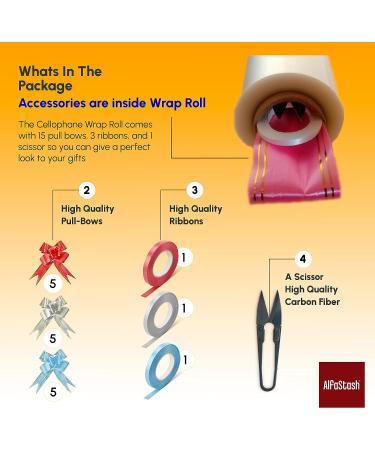 (31.5 in x 110 ft) Cellophane Wrap for Gift Baskets (Accessories are inside wrap Tube) 3Mils Thick  with 15 Pull-Bows  3 Ribbons & 1 Cutter - Clear Cellophane Wrap Roll for Flowers and Food- Folded in half Clear Wrap (31.5in x 110ft) - Buy Online on GoSupps.com