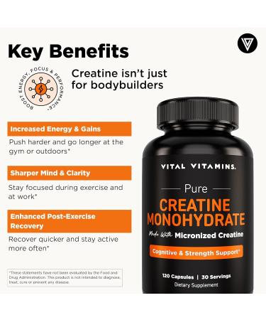 Vital Vitamins Creatine Monohydrate Pills for Women & Men - Micronized Creatine Capsules - Cognitive Strength Recovery Support - 3g (3000mg) per Serving - Vegan Non-GMO 120 Count 120 Count (Pack of 1) - Buy Online on GoSupps.com