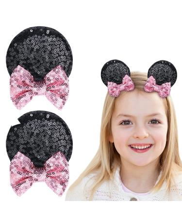 UHOMENY 2PCS Mouse Ears Hair Clip  Sequin Mouse Ears Barrettes Bow Ear Clip Lovely Glitter Hair Accessories for Costume Theme Birthday Party Favor Decoration Pink