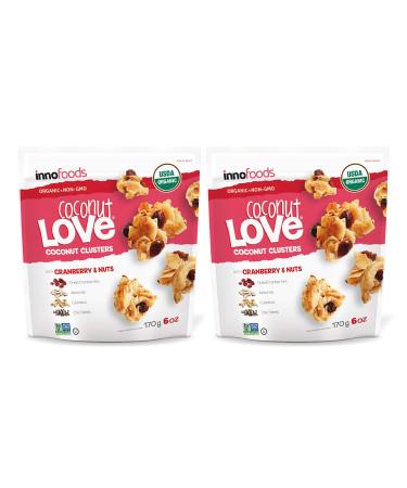 InnoFoods Coconut Love Coconut Clusters with Cranberry & Nuts 6oz (2pk) - Gluten-Free, Vegan Snacks - Organic Cashew & Almond Granola Bites - Grain-Free Healthy Topping for Yogurt & Dessert