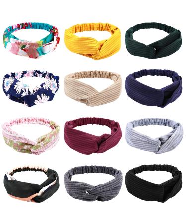12 Pcs Boho Headbands for Women  Meartchy Vintage Womens Headbands  Head Bands Women Hair  Floral Vintage Twisted Criss Cross Elastic Head Wrap Hair Accessories Color A