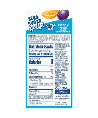 Kool-Aid Tropical Punch Zero Sugar Powdered Drink Mix - 6 On-the-Go Packets | Low-Calorie Refreshment for International Shipping - Buy Online on GoSupps.com
