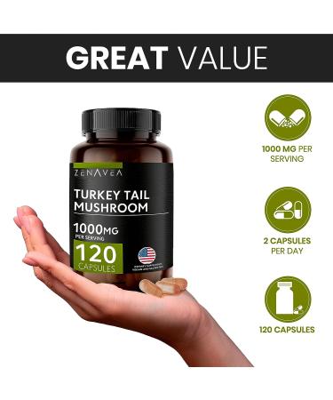 Zenavea Turkey Tail Mushroom Capsules 1000mg - Immune Support & Antioxidant - 120 Capsules Equivalent to 15,000mg - Organic Turkey Tail Supplement - Buy Online on GoSupps.com