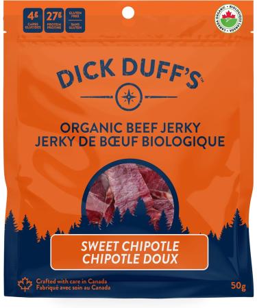 Dick Duff's Organic Jerky - Full Case (12 x 50g) - Made in Canada Beef Jerky - 27g of Protein per Serving - Certified Organic Non-GMO Nitrate Free Keto Friendly Gluten Free (Sweet Chipotle) Sweet Chipotle 50.00 g (Pack of 12) - Buy Online on GoSupps.com