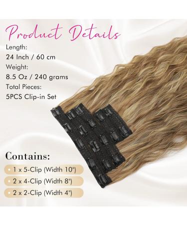REECHO Clip in Hair Extensions - 5PCS Brown 24 Thick Long Loose Waves HE002 - Invisible Lace Weft Natural Soft Hairpieces for Women - Light Brown with Blonde Highlights - Buy Online on GoSupps.com