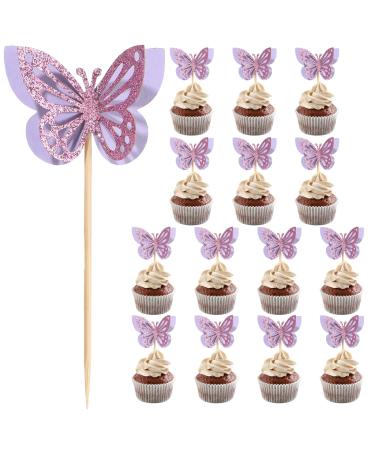 48 Pcs Glitter Butterfly Cupcake Toppers Purple Butterfly Cupcake Toppers 3D Double Layers Cupcake Topper Decorations Stand Food Picks Decorations for Butterfly Theme Birthday Party Wedding Supplies