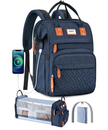 Diaper Bag with Changing Station, Large Travel Diaper Bag Backpack with Sunshade and USB Charging Port for Moms Dads, Waterproof Unisex Baby Diaper Bags for Boys Girls, Baby Registry Search Dark Blue