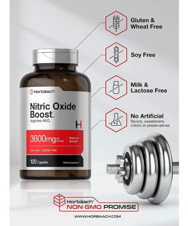 Nitric Oxide Booster 3600mg | 120 Caplets | Arginine AKG for Men and Women | Pre Workout Supplement | Non-GMO & Gluten Free | Horbaach - Buy Online on GoSupps.com