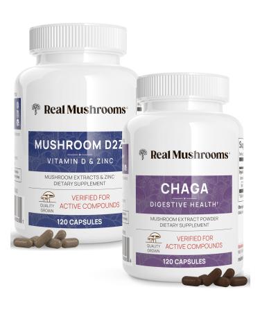 Real Mushrooms Vitamin D2 Zinc (120ct) and Chaga (120ct) with Reishi Bundle - Natural Support for Immune Strength and Digestive Health - Vegan Gluten Free Non-GMO Organic Mushroom Extracts