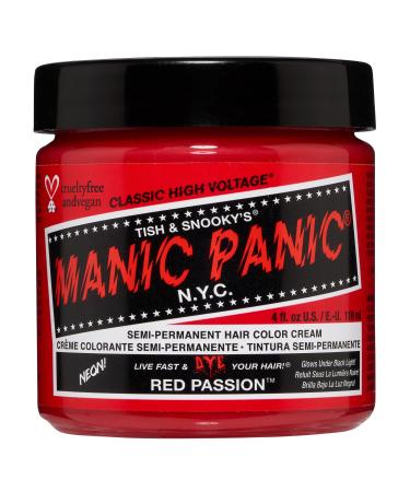 MANIC PANIC Red Passion Hair Dye   Classic High Voltage - Semi Permanent Hair Color - Glows in Blacklight - Medium Strawberry Red Shade With Pink Tint - Vegan  PPD & Ammonia Free - For Coloring Hair Red Passion 4 Fl Oz (...