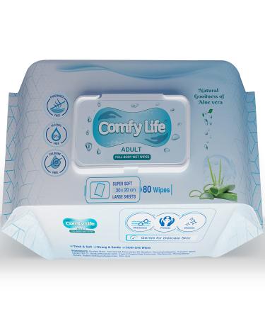 Comfy Life Premium Full Body Cleansing Wet Wipes for Adults - Large Luxury Fresh-Feel Rinse-Free Fragrance-Free Bed Bath Intimate-Care Soft Sheets (1 Pack (80 Wipes)) 80 Count (Pack of 1)