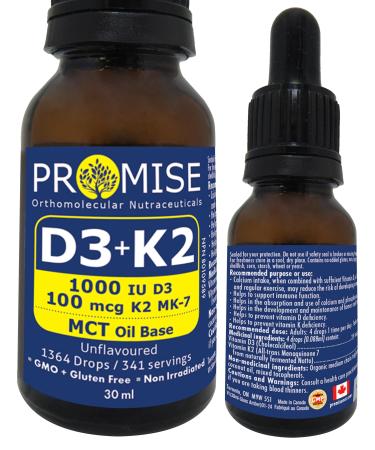 Promise Vitamin D3 + K2 in MCT oil 1364 drops Unflavoured Made in Canada (30ml - 341 servings)