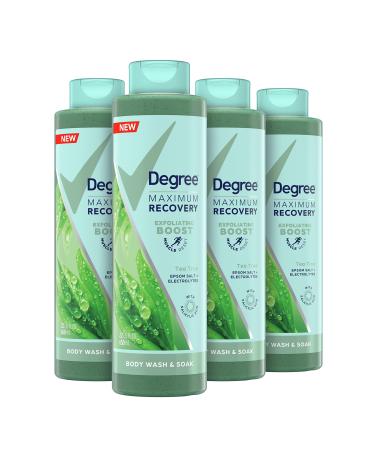 Degree Body Wash and Soak Post-Workout Recovery Skincare Routine Exfoliating Tea Tree + Epsom Salt + Electrolytes Bath and Body Product 22 Fl Oz (Pack of 4)