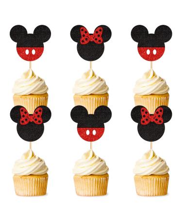 Ercadio 24 PCS Mouse Inspired Cupcake Toppers Glitter Black and Red Mouse Cupcake Picks Baby Shower Kids Boys Birthday Party Cake Decorations Supplies Red Mi Red