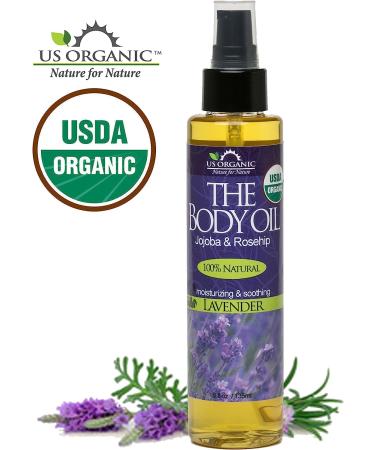 US Organic Lavender Body Oil - 5 Fl.oz. - Certified Organic with Jojoba, Rosehip Oil, Vitamin E - No Alcohol, Paraben, Artificial Detergents - Natural Scent - Buy Online on GoSupps.com