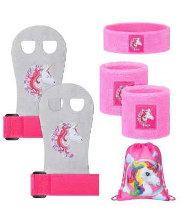 5 Pcs Gymnastics Grips Wristband Sweatbands Headband Set for Girls Kids Youth Unicorn Gymnastics Bar Hand Athletic Gloves with Drawstring Party Favor Bags, Pink Medium