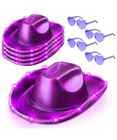 8 Pieces Cowboy Hat LED Light Up Hat and Heart Sunglasses Sparkly Space Cowgirl Hat for Women Girls Halloween Costume Purple