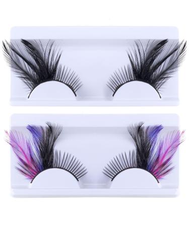 2 Pairs Halloween Feather Eyelashes Black Pink Blue Lashes Extension Extra Long Wing Tip Witch Cat Eyes Tail False Lashes for Christmas Cosplay Dance Dramatic Costume Party Makeup