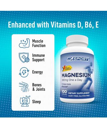 Magnesium Supplement Complex MGSPORT - High Absorption Supplement with Vitamins B6 D E - Relieves Leg Cramps & Muscle Support - 100 Servings Unflavored 100 Count (Pack of 1) - Buy Online on GoSupps.com