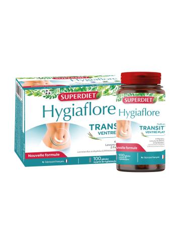 SUPERDIET - HYGIAFLORE - NEW FORMULA - Flat stomach - Complex of 4 Plants (including Psyllium) Brewer's Yeast and Lactic Ferments - 100 Capsules