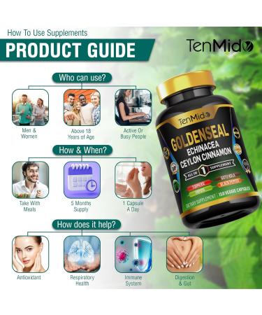 Tenmido Goldenseal Root Supplement - 7in1 Formula - Combine with Echinacea Ceylon Cinnamon Turmeric Papaya Gotu Kola & Black Pepper - Digestive Health Support - 150 Capsules for 5 Months Supply - Buy Online on GoSupps.com
