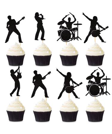 Ercadio 25 Pack Rock Band Cupcake Toppers Black Glitter Band Cupcake Picks Rock Pop Music Theme Cupcake Picks Music Concert Theme Birthday Party Cake Decorations Supplies Pattern-4