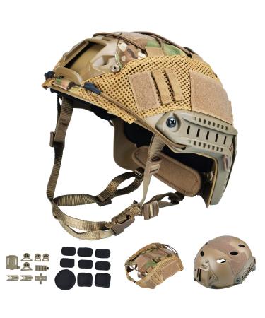 ActionUnion Tactical Airsoft Paintball Fast Helmet with Helmet Cover, PJ Type Tactical Multifunctional Protective NVG Mount for Multicam Military Sports Hunting Shooting tan