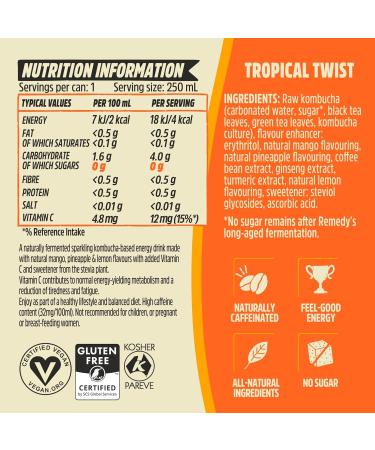 Remedy Natural Energy Drink - Tropical Twist & Berry Blast Mixed Pack - Natural Caffeine - Sugar Free & Low Calorie - Kombucha Energy Drink with Probiotics for Gut Health - 12 x 250ml Energy (Berry & Tropical) 12x250ml - Buy Online on GoSupps.com