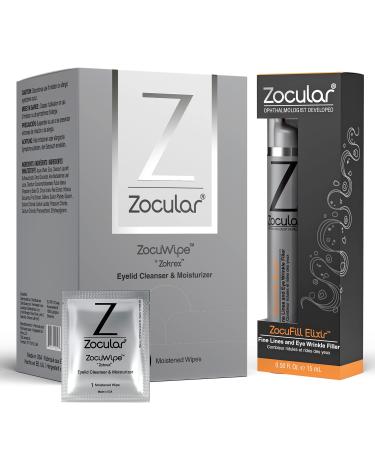Zocular Zocuwipe Eyelid Wipes with Okra Complex - Eyelid Cleanser and Moisturizer Pads 40ct + Zocufill Elixir Eye Gel and Face Serum