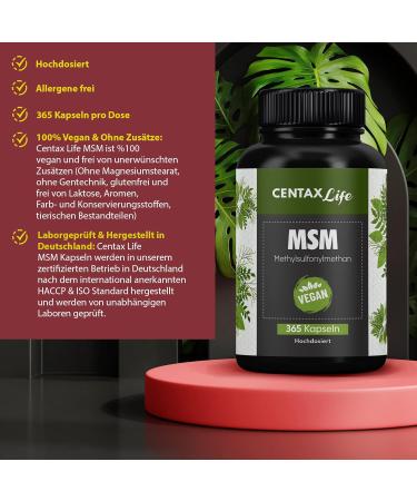 Centax Life MSM Capsules - High Dose Vegan 1600 mg for Bones & Joints | Pure Methylsulfonylmethane No Additives 365 Count - Buy Online on GoSupps.com