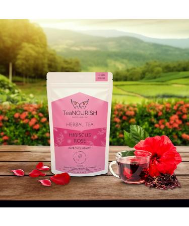 Teanourish Hibiscus Rose Herbal Tea - Caffeine-Free 100% Natural Blend of Hibiscus Rose Chamomile & More - Brew Hot or Iced - 50g Pack - Buy Online on GoSupps.com