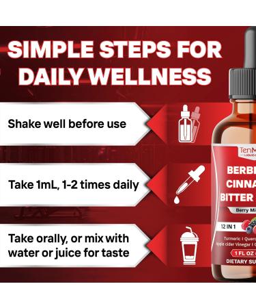Tenmido 12in1 Berberine Supplement - Berberine Liquid Drops with Ceylon Cinnamon Bitter Melon Turmeric Quercetin Artichoke Apple Cider Vinegar Green Tea & More - 30 Days Supply - 1FL Oz - Buy Online on GoSupps.com