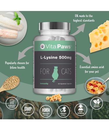 L-Lysine 500mg for Cats | 90 Sprinkle Capsules by VitaPaws | Supports Feline Immunity | UK Manufactured - Buy Online on GoSupps.com