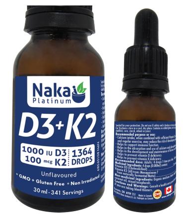 Naka Platinum Vitamin D3 + K2 in MCT oil 1364 drops Unflavoured Made in Canada (30ml - 341 servings)