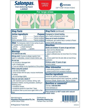 Salonpas Pain Relieving Large Patches 5.67 x 3.62 - 18 Patches (6 Ea x Pack of 3) - Buy Online on GoSupps.com
