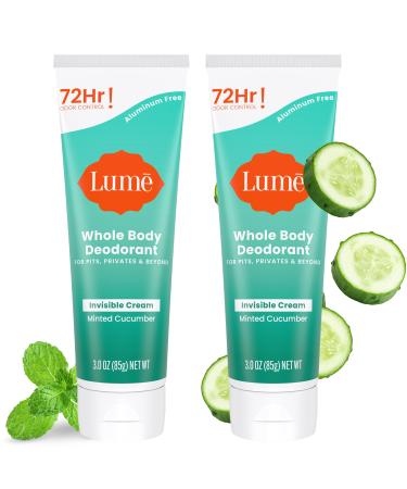 LUME Whole Body Deodorant - Invisible Cream Tube - 72 Hour Odor Control - Aluminum Free Baking Soda Free Skin Safe - 3.0 ounce (Pack of 2) (Minted Cucumber) Minted Cucumber 3 Ounce (Pack of 2)