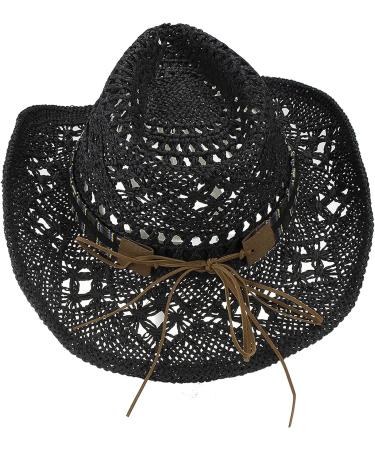 Western Cowboy Straw Hat Wide Brim Cowgirl Sun Hat with Hat Band - Black (7-7 1/4) - Buy Online on GoSupps.com