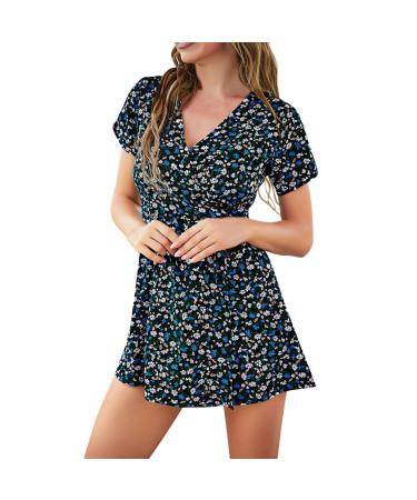 Wrap Mini Dress for Women Floral Pattterned Summer Short Sleeve Dress Casual V Neck Tie Up Tunic Dress Black Medium
