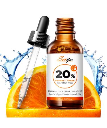Pure Natural Skin Brightening & Anti Aging 20% Vitamin C Serum, Collagen Peptide Infused Face Serum for Deep Hydration, All-in-One with Niacinamide, Retinol, Hyaluronic Acid, 2.02 Fl Oz orange