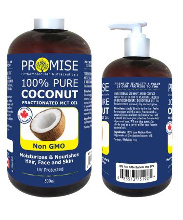 500ml (16oz) PURE COCONUT FRACTIONATED MCT OIL Moisturizes & Nourishes Hair Face and Skin UV Protected Non GMO Made in Canada (500ml) 500 ml (Pack of 1)