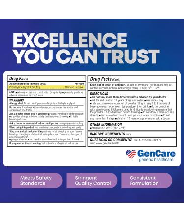 GenCare Polylethylene Glycol 3350 Powder for Solution 30 Travel Packets Unflavored Grit-Free Clear PEG 3350 for Occasional Constipation Relief for Women & Men Generic MiraLAX Laxative Powder 30 Count (Pack of 1) - Buy Online on GoSupps.com