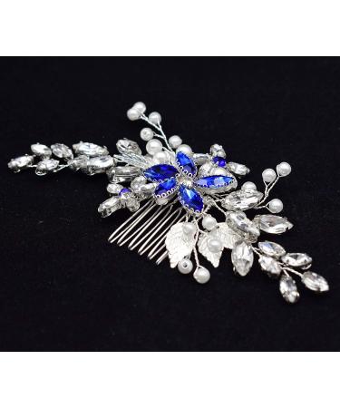 Silver Vintage Wedding Hair Comb with Blue Sapphire Rhinestone and Ivory Pearl - Handmade Bridal Headpiece for Brides and Bridesmaids - Buy Online on GoSupps.com