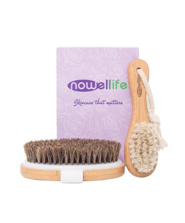 Dry Brush Set for Body and Face: Bamboo Body Scrubber Bath Brush for Dry and Wet Brushing  Facial Dry Brush  Face Cleansing - Horse Bristles Best for Dry Skin  Face and Body Exfoliation